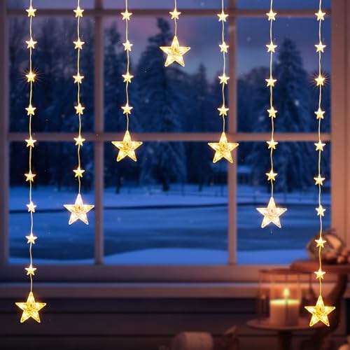 Quntis 7+39 Sterne Lichtervorhang Fenster mit Batterie Timer Haken, 74 LED Fensterdeko Weihnachtsdeko Innen Warmweiß, IP65 Lichterkette Außen Weihnachtsbeleuchtung 8 Modi Sternenvorhang Glas Zimmer