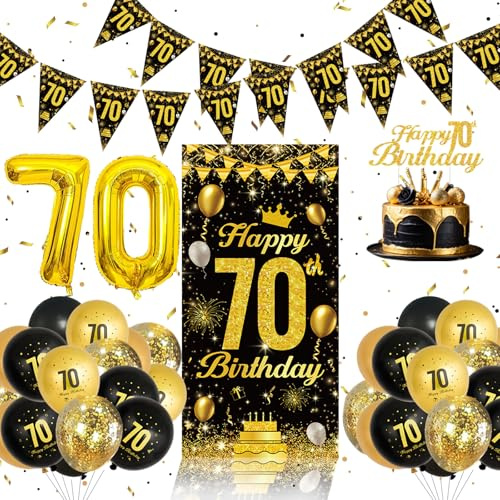 70th Birthday Decorations for Men - 40pcs Black Gold Happy 70th Birthday | Black Gold Foil 70 Balloons, Banners, Cake Topper for Men Women 70 Year Old Happy Birthday Party Decorations Supplies Grandpa