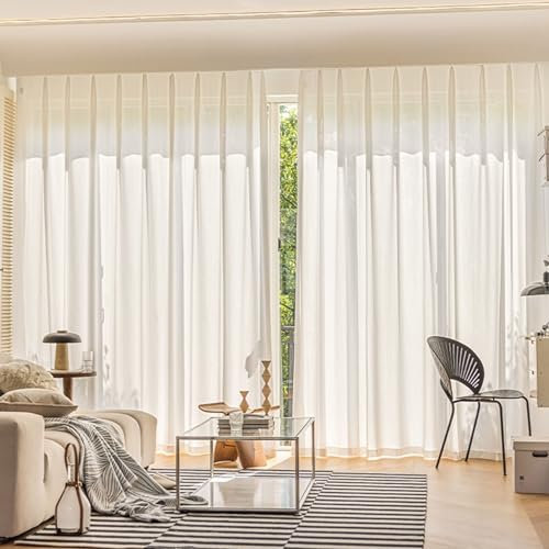 Beydodo Vorhänge Cremeweiß 2er Set Lichtdurchlässig, Gardine Hakenaufhängung 137x214CM Einfarbig mit Wellen Muster Gardinenschals Polyester Vorhänge Halbtransparent Wohnzimmer Schlafzimmer