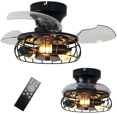 Retro Deckenleuchte Mit Einziehbarem Ventilatorflügel 4w Glühbirne Käfig Deckenventilator mit Beleuchtung Und Fernbedienung Timer 6 Speed Reversibel Klein Deckenlampe Ventilator Schlafzimmer,Iron