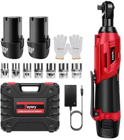 12V Cordless Ratchet Wrench, 3/8 Electric Ratchet Wrench Set, Max Torque 40N.m, 0-300 RPM, LED Light Impact Gun with 1 Plastic Box, 2 x 1500mAh Li-Ion Battery and 7 Sockets(10-17mm)