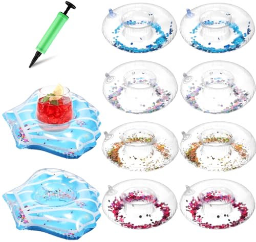 COLLBATH Portavasos Inflable De Piscina 10 Piezas con Brillo y Bomba De Inflado, PVC Resistente, Colores Variados, para Fiestas y Playa, Soporte Flotante Multifuncional