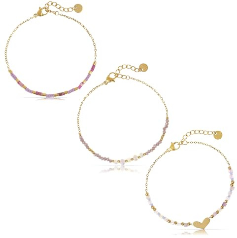 Made by Nami Perlenarmband Damen Lila aus Chirurgischem Edelstahl Herz Armband Damen 17 + 3 cm Wasserfest & Hypoallergen (3er Set)