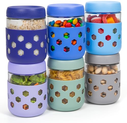 Gemice 6-Pack Glass Overnight Oats Jar with Silicone Sleeves, 500ml Overnight Oats Containers with Lids, Salad Breakfast Pots Mason Jars for Chia Pudding Granola Yoghurt Porridge Cereals