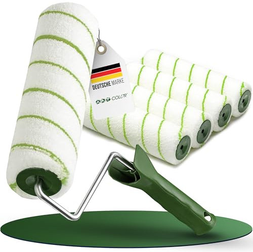 Farbwalzen Set 5 Stück mit Bügel – 25 cm Gelbfaden Farbroller mit 12 mm Flor | 3K Griff & Stilaufnahme | Malerrollen für Wandfarbe | Profi-Malerwerkzeug für Innen- und Außenbereich