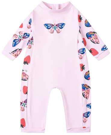 Ewbob Baby Swimming Warm Suit Girls Swimming Costume Long Sleeve Sun Protection Rash Guard Zipper Toddler Girls One Piece Swimsuit Bathing Suits Wetsuit(C12-004)-Pink Butterfly-3-6M