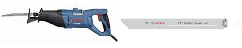 Bosch Professional Säbelsäge GSA 1100 E (Leistung 1100 Watt, inkl. 3x Säbelsägeblätter) + 5x PRO Pallet S1022HFR Repair fast Säbelsägeblatt (für Stahl, Holz mit Nägeln, Länge 200 mm, Zubehör)