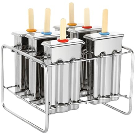 Moldes de mango de acero inoxidable, moldes de acero inoxidable, moldes para helados con soporte de palillo para helados, fácil de disolver, 6 moldes de hielo con 100 palillos de madera
