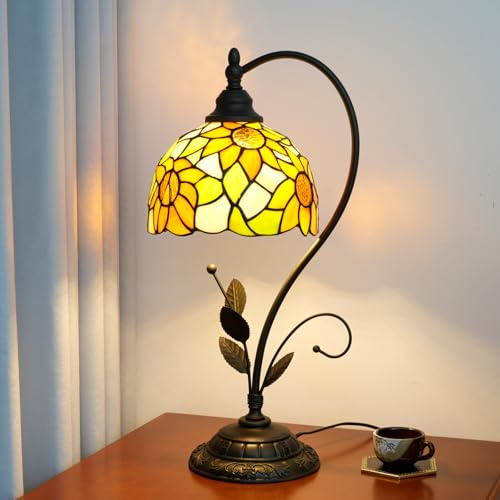 Blivuself Tiffany Tischlampe Sonnenblume Gelb Glasmalerei Lampe Tiffany Stil S Blätter Vintage Schreibtisch Licht für Nachttisch Wohnzimmer Büro Schlafsaal Esszimmer