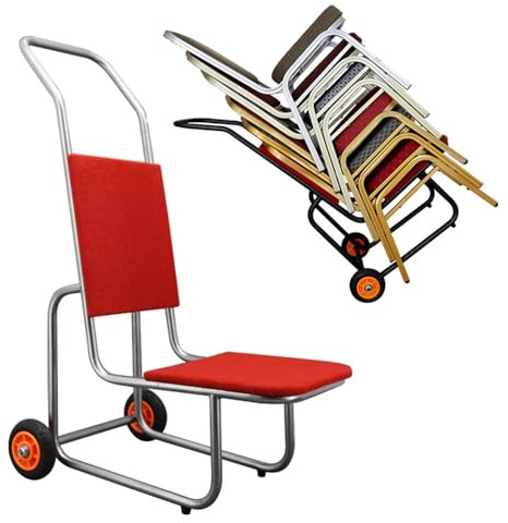 Kommerzieller Stuhlwagen mit Stühlenkapazität, robuster Eisenwagen für flache Stapelstühle aus Kunststoff Harz und Holz, effiziente Lager- und Transportlösung