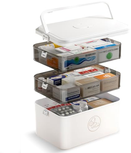 Peelanmall 3-Etagen Medikamenten Aufbewahrung,30x16.5x24 cm Medikamentenbox,Tragbarer Griff,Apothekerschrank,Medikamenten Organizer Hausapotheke Organizer mit Unterteilungen (Weiß)