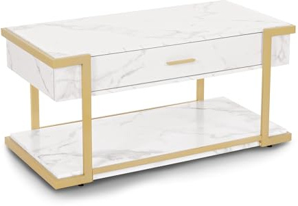 Barberpub Couchtisch Gold, Beistelltisch mit Schublade, Sofatisch mit 2 Ablagen, Moderner Wohnzimmertisch Metall, Kaffeetisch für Wohnzimmer, Schönheitssalon, Marmor-Weiß, 50x100,5x48cm, 2141