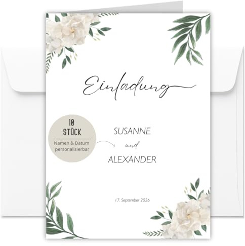 10 personalisierte Einladungskarten Eucalyptus für Hochzeit, Standesamt, Save the Date | Hochzeitseinladungen DIN A6 mit 10x Umschlägen (Eucalyptus Blüten Weiß personalisiert 10 Stück)