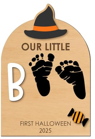 WJnflQN Juego de huellas de manos de bebé, obra de arte de madera para recuerdo de Halloween - Con almohadilla de tinta como para nacimiento, Navidad, familia padres