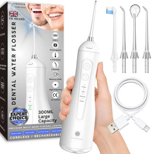 STAYPROTECH Water Flosser for Teeth Cordless – Rechargeable Dental Water Flosser with 4 Nozzles, 4 Modes & 300ml Tank – Powerful Plaque Remover for Teeth & Ultrasonic Teeth Cleaner.