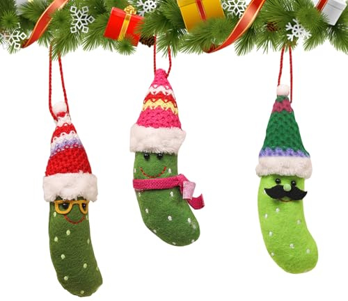 3pcs Weihnachtsgurke, Christbaumschmuck Gurke, Mini-Plüsch Pickle Puppe Handwoven Ornaments, 17CM Weihnachtsbaumanhänger, 2025 Lustiger Weihnachtsbaumschmuck Plastikgurke