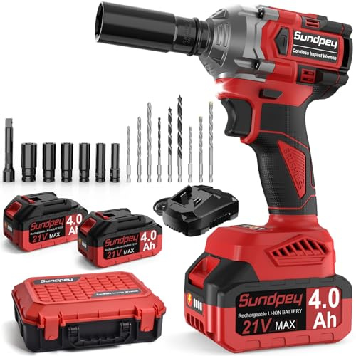 Sundpey Llave de Impacto Inalámbrica 650 Nm, Pistola de Impacto Batería con 2 * 4.0Ah Baterías & 6 Enchufes & 9 Brocas & Cargador & Barra de Extensión para Coche y el Hogar