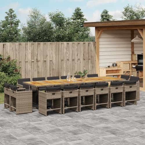 QJBSAVVA 17-TLG. Garten-Essgruppe Poly Rattan mit Akazienholztisch 330 x 106 x 73 cm Klappstühle dunkelgrau platzsparend für Terrasse Balkon Camping und kleine Outdoor-Lounge