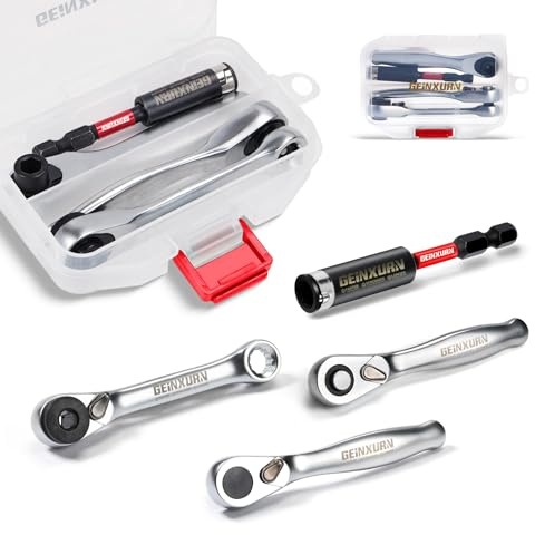 GEINXURN 4 Pcs Mini Ratchet Wrench & Bit Holder Set, 1/4 Drive Ratchet Handle Wrench, 72-T Quick-Release Reversible Socket Bit Spanner and Impact Extension Bit Holder with Case