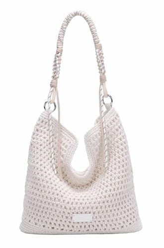 ITALYSHOP24 Damen Tasche Hobo-Bag Häkeltasche Umhängetasche Boho Shopper Strand Häkelmuster Schultertasche Geflecht Retro Strohtasche Weiß