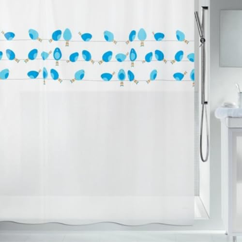 Spirella Anti-Schimmel Duschvorhang Vögel Anti-Bakteriell, waschbar, wasserdicht PEVA 180x200cm Blau Weiß