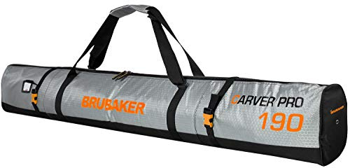 BRUBAKER Skitasche Carver Tec Pro Silber Orange - Gepolsterter Skisack für 1 Paar Ski und Stöcke - Reißfester Ski Bag 190 cm