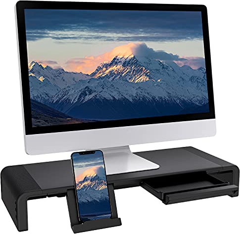 TATEGUARD Faltbarer Monitorständer Riser Computer Monitorständer mit Verstellbarer Breite kompatibel mit i'Mac Drucker Laptop mit Aufbewahrungsschublade Tablet & Handyständer Halter Schwarz