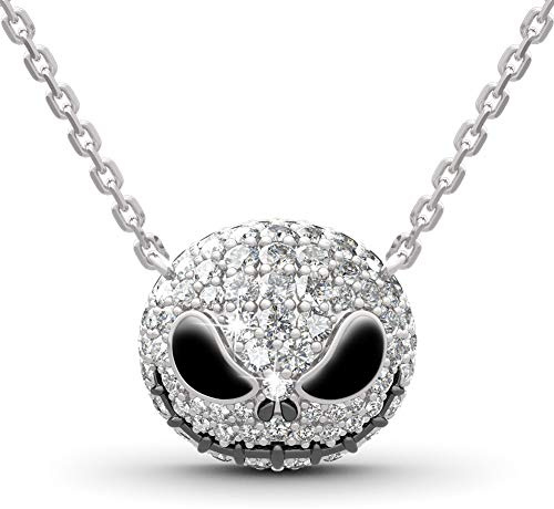 Jeulia 1.99 Karat Nightmare Halskette 925 Sterling Silber Jack und Sally Skull Anhänger Halskette Herz Halskette für Frauen Teen Girls Birde Romantic mit Schmuck Geschenkbox (Silber-2)