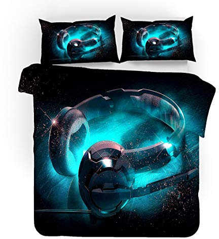 Set di Biancheria da Letto Completo Letto Cool Trend DJ Music Design Copripiumino Stampa 3D Federa in Microfibra, Biancheria da Letto Fulmine Lampo Blu Rossa Nera (Stile # 3, 140_x_200_cm)