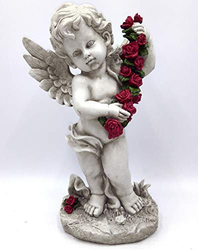 GeKi Trend Engel Figur mit Rosengirlande Dekofigur Putte frostfest Gartendeko Grabschmuck antik weiß Grabengel wetterfest 45 cm groß