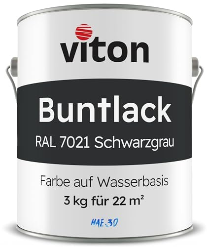 Viton Buntlack 3 Kg Schwarzgrau - Seidenmatt - Wetterfest für Außen und Innen - 3in1 Grundierung & Lack - HAE 30 - Farbe auf Wasserbasis für Holz, Metall & Fliesen - RAL 7021 Schwarzgrau