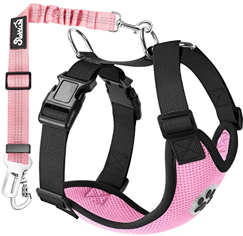 Eyein Hundegeschirr mit 2-in-1 Sicherheitsgurt für Auto, Mesh Atmungsaktiv | Verbindung mit Gurt-Schnalle/Kopfstütze/Kofferraum, Verstellbares Geschirr für Kleine und mittelgroße Hunde (Rosa, S)