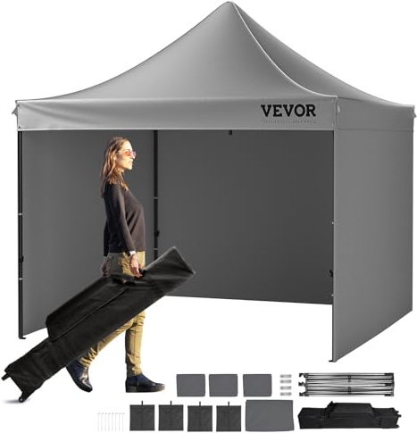 VEVOR Tonnelle Pop-up 304,8x304,8 cm Tente Tonnelle Jardin Parois Latérales Amovibles Sac à roulettes Résistant UV Imperméable Tente Gazebo pour Plein Air, Terrasse, Jardin, Fête, Camping, Gris Foncé