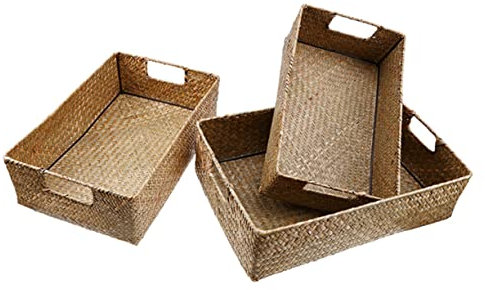 CAXUSD Hand-woven Seaweed Retro Storage Basket Rectangular Sundries Organizer Storage Box for Home Clothes