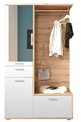 AVANTI TRENDSTORE Caravate Kleiderschrank, komplett aus laminiertem Holz, Artisan-Eiche und Weiß, inkl. Spiegel, Maße: LAP 117 x 198 x 38 cm
