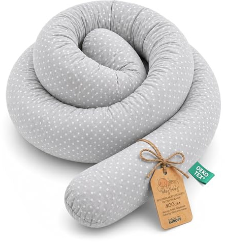Coussin serpentin XXL Roulé de lit Bordure - 400 cm - d’Allaitement décoratif Protection Bord Serpent XL Fait Main Motif Points Blancs Gris Certificat Oeko-Tex