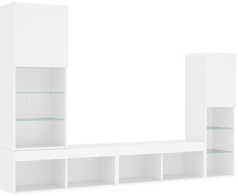 vidaXL Wohnwand 4-TLG., Schrankwand mit viel Stauraum, Anbauwand mit LED-Beleuchtung, Wandmontage Fernsehschrank Wohnzimmer Set Schrank, Weiß Holzwerkstoff