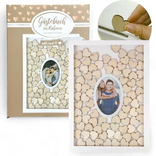 MIJOMA Libro degli ospiti - Cornice portafoto con 72 cuori in legno per matrimoni e feste, opere d'arte personalizzabili, bianco/naturale