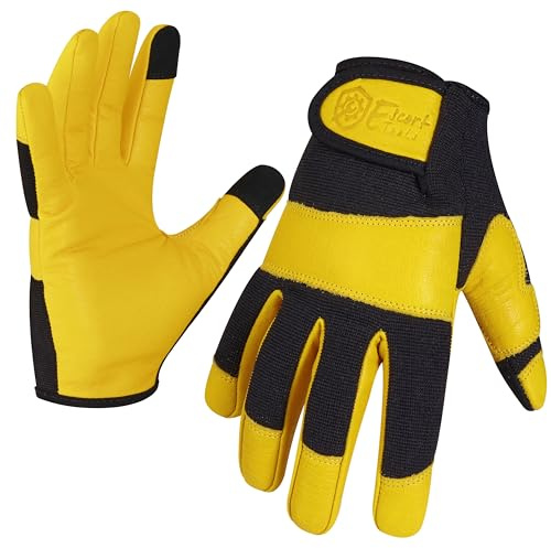 Escort Tools® Heavy Duty Leather Gardening Work Gloves, Thorn Proof, Touch Screen, Utility Safety Working Gloves Breathable, Tear Resistant, High Dexterity Mechanic Gloves Unisex (Yellow, L)
