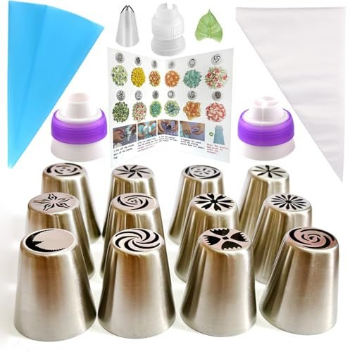 Russian Piping Tips Set, Flower Tips for Cake Decorating Baking Supplies with 12 Frosting Tips,30 Clean Bag,1 Silicone Bag,1 Leaf Nozzle,1 Floral Chart,1 Small Coupler,1 Big Coupler,1 Tricolor Coupler