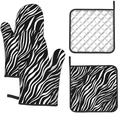 4 Pcs Oven Mitts and Pot Holders Heat Resistant Kitchen Oven Gloves and Hot Pads Zebra Print Oven Mitt Set Non-Slip Cooking Gloves Potholders for Cooking Baking BBQ