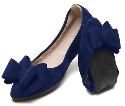 YOUNIFIZ Ballerine da donna pieghevoli alla moda papillon comfort a punta slip on ballerina da donna casual comfort finto camoscio mocassini, blu navy, 38.5 EU