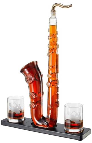 The Wine Savant Saxophon-Dekanter, 1000 ml, Mehrfarbig, Saxophonförmiger Whiskey- und Weindekanter, Dekanter, 2x Whiskygläser, Borosilikatglas, Novelty, 5 inches x 5 inches