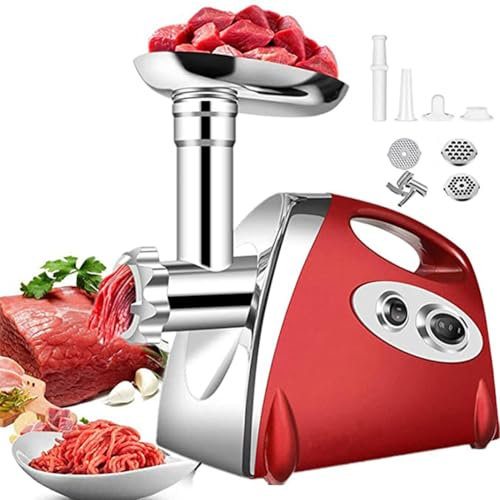 Tritacarne Elettrico, Tritacarne 3 in 1, Kit per Insaccare Salsicce e Kubbe, Tritacarne per Alimenti, Macchina per Insalata, Passapomodoro in Acciaio Inossidabile per Uso Domestico in Cucina red