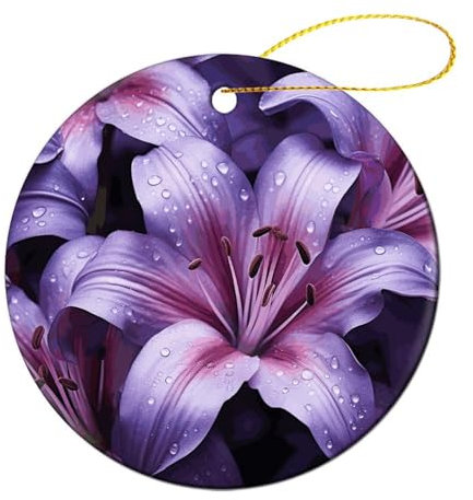Keramik-Ornamente, doppelseitiger Druck, rund, Porzellan, Weihnachtsdekoration, lila Lilie, Blumen, bedruckt, Weihnachtsbaumbehang, Zuhause, Geschenk, Souvenir, Party-Dekorationen