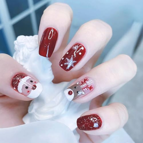 24PCS Weihnachten Künstliche Nägel Kurz Eckig, Rot Glitzer French Kunstnägel Press on Nails Full Cover Nägel zum Aufkleben mit Schneeflocken Weihnachtsmann, Acryl Fingernägel Fake Nails für Frauen
