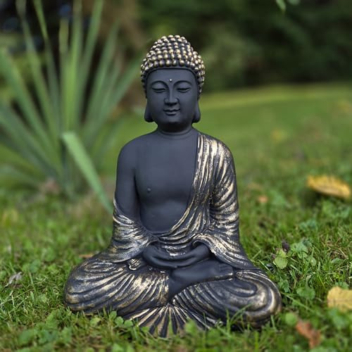 FABRIQ Buddha Figur 30 cm – Gold-Schwarz – Steinguss – Wetterfest – Zen & Feng-Shui Deko
