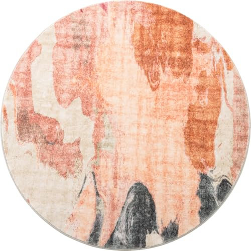 Carvapet Washable Round Area Rug 120cm/4ft Soft Fluffy Circle Carpet Rug Printed Short Pile Non Slip Floor Round Rugs for Entryway Living Room Bedroom(Orange)