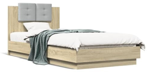 Gecheer Bettgestell mit Kopfteil & LED-Leuchten Sonoma-Eiche 100x200 cm Bett Polsterbett Bettgestell Bettrahmen Schlafzimmerbett Jugendbett