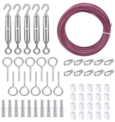 30m 304 Stainless Steel Wire Rope Turnbuckle Tensioner Kit 100ft Purple Coated Steel Cable for Trellis Grapevine Wisteria Fence Line Lights Hanging Wire Support